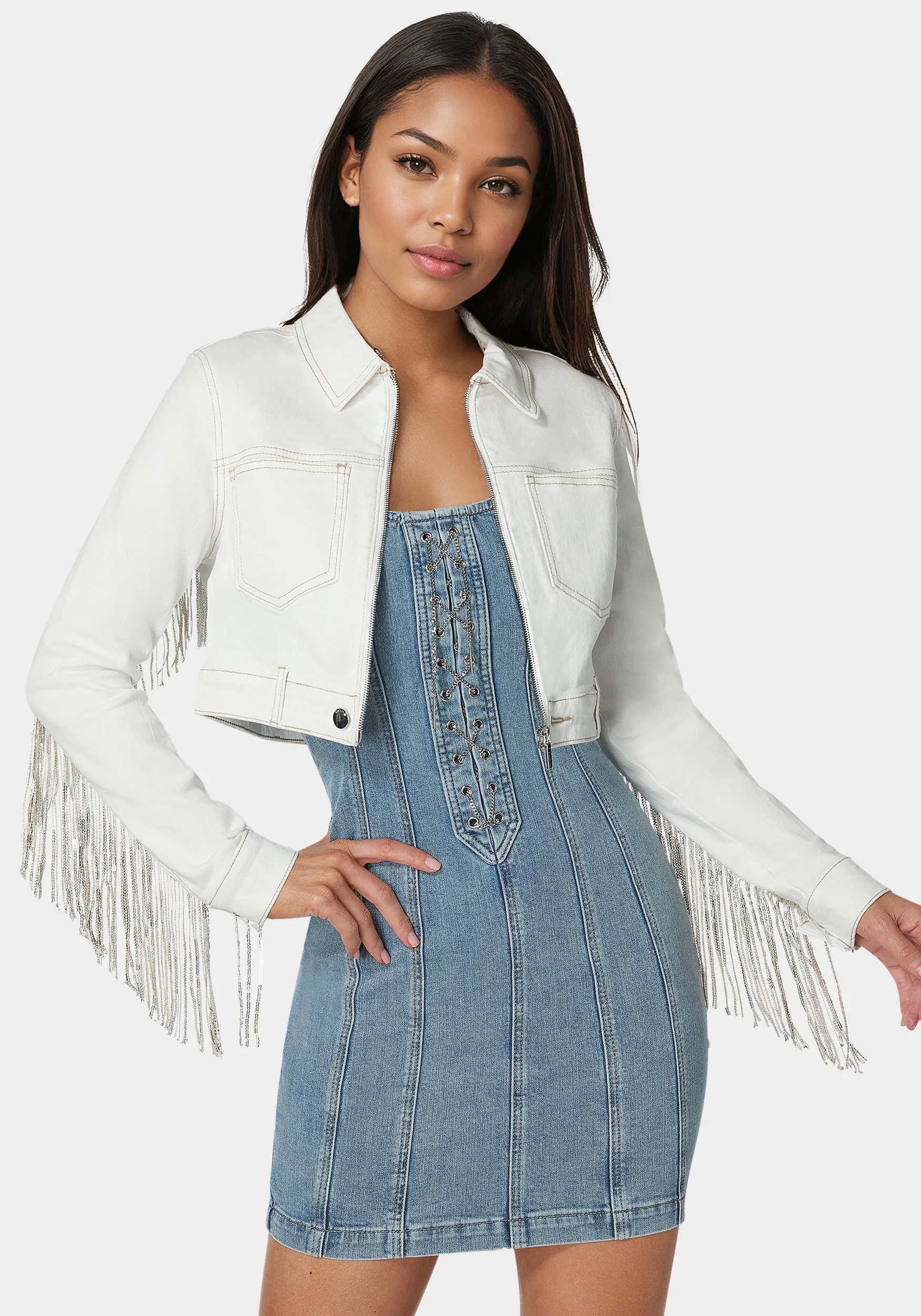 Sequin Fringe Denim Jacket sold by Bebe