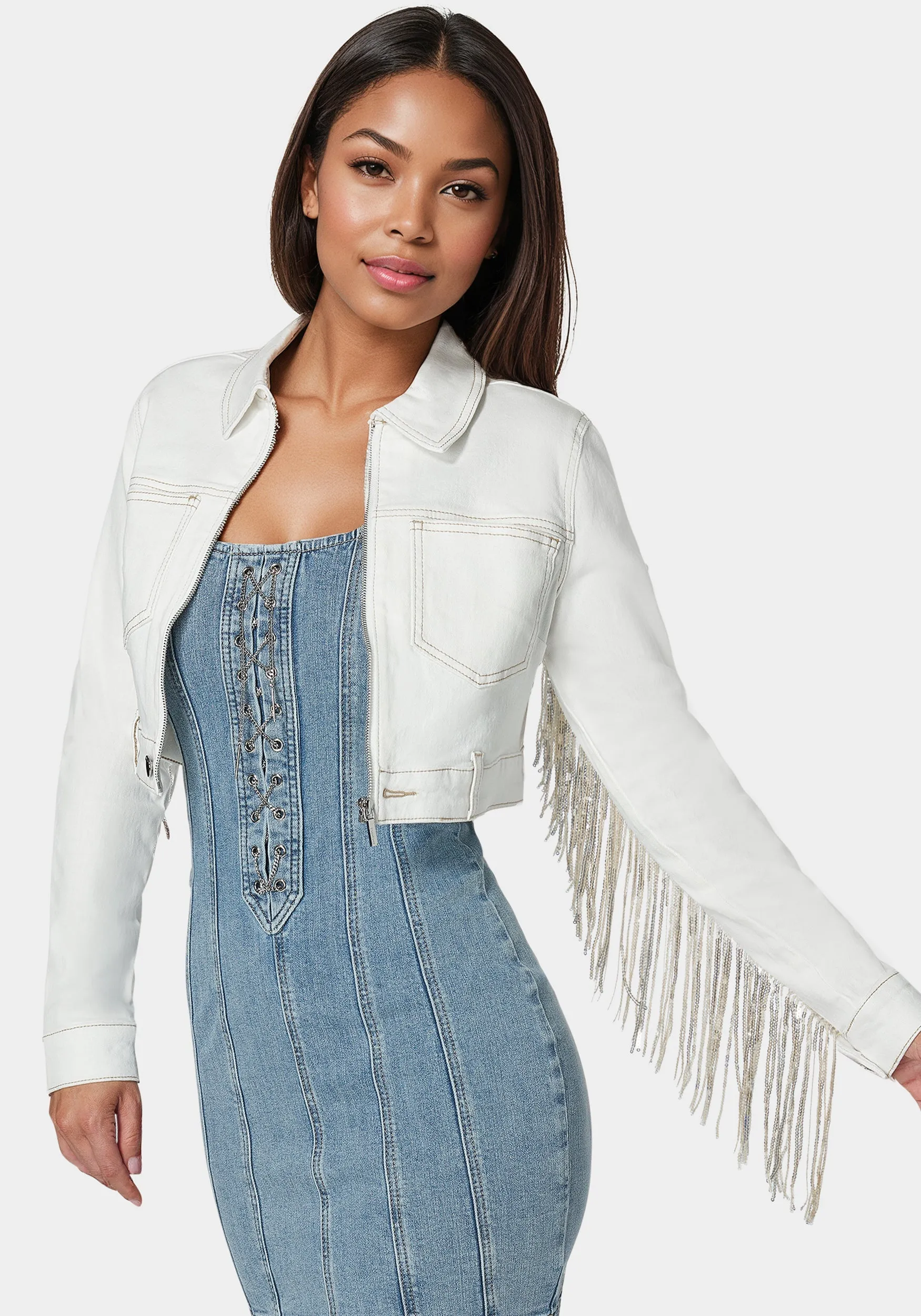 Sequin Fringe Denim Jacket sold by Bebe product image thumbnail 4