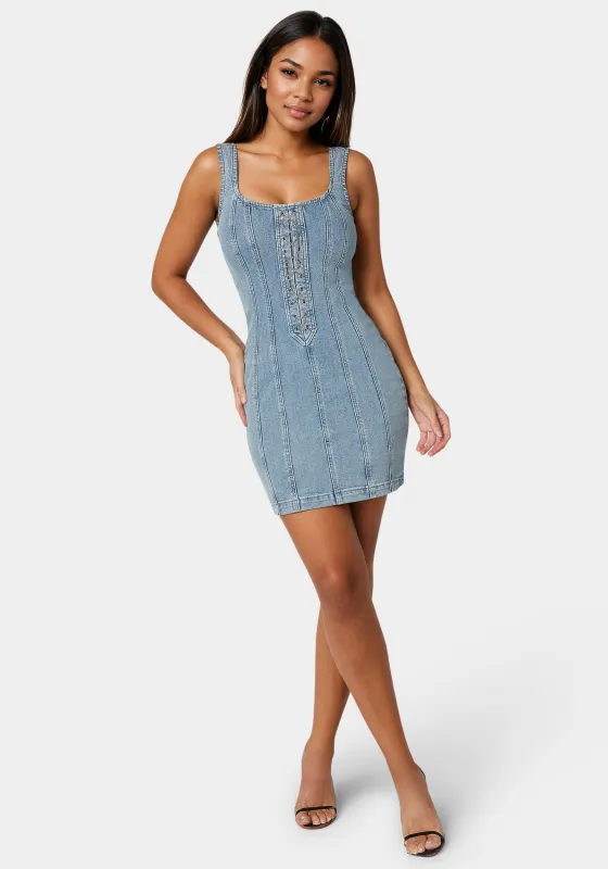 Fitted Lace Up Denim Dress sold by Bebe