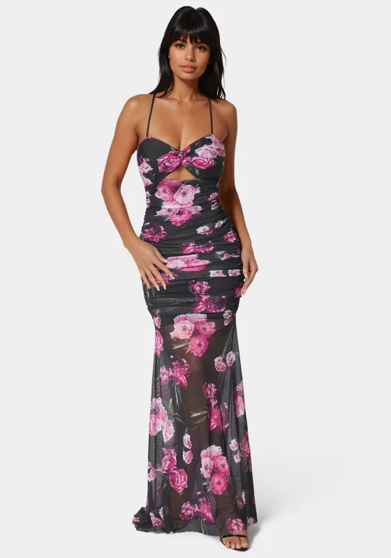 Twist Front Mermaid Mesh Gown sold by Bebe