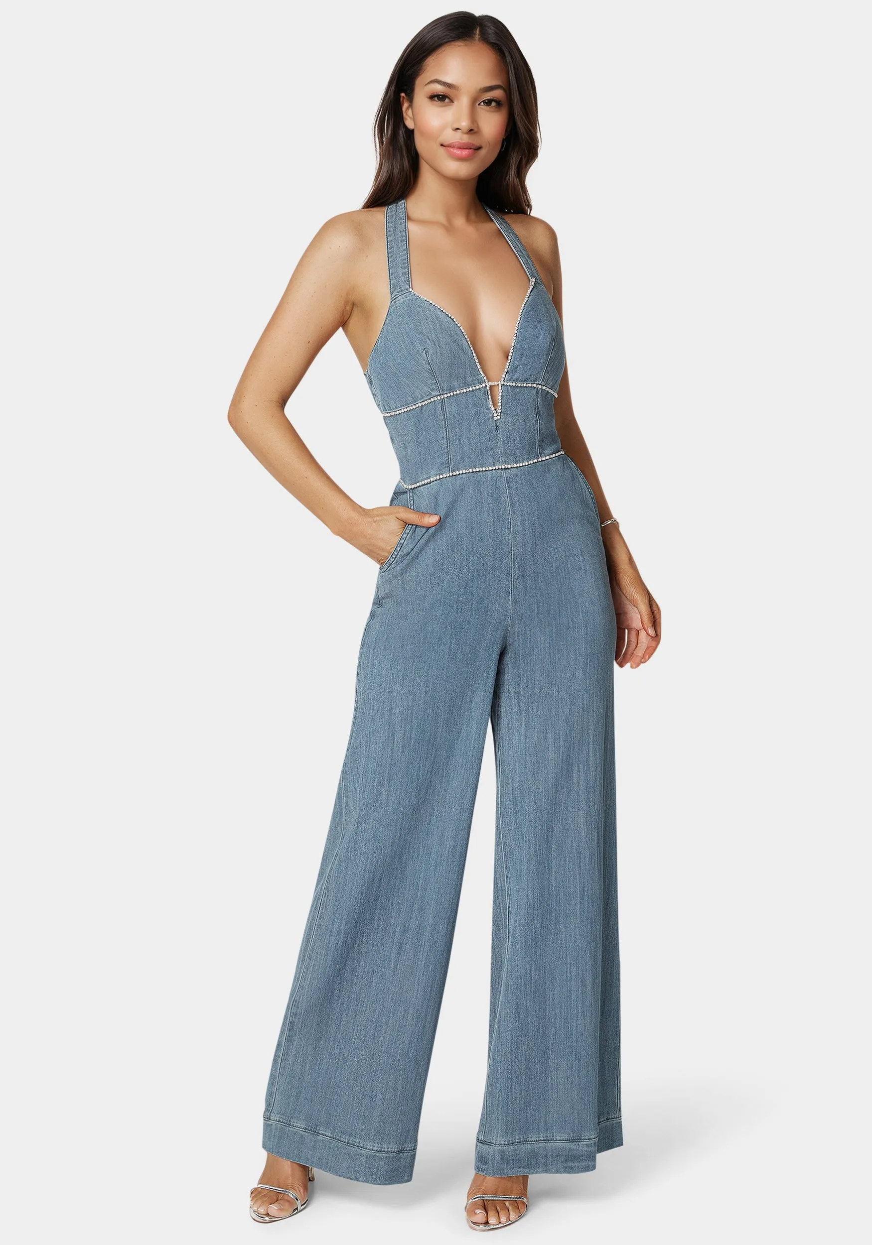 Embellished Wide Leg Halter Denim Jumpsuit sold by Bebe