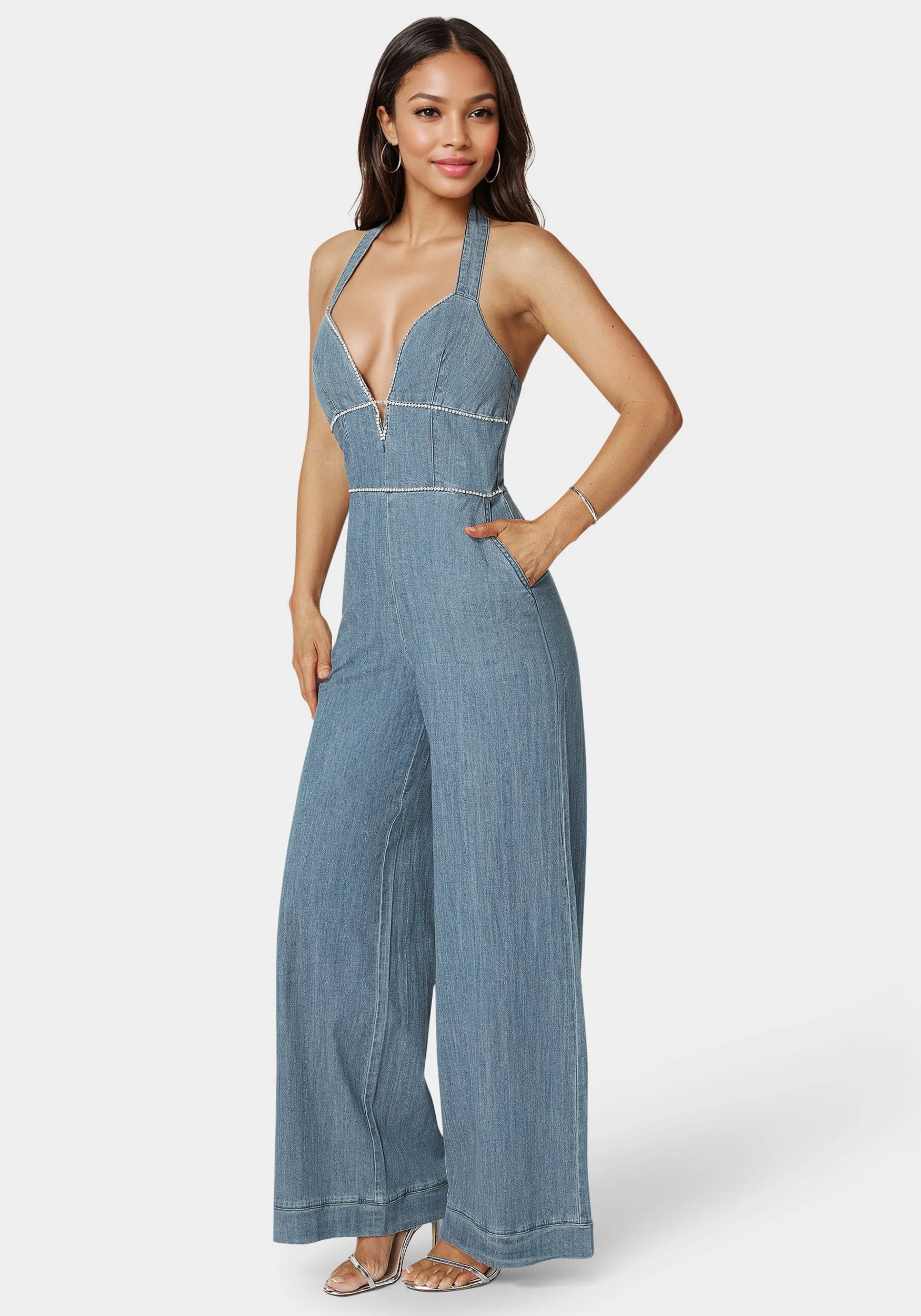 Embellished Wide Leg Halter Denim Jumpsuit sold by Bebe product image thumbnail 2