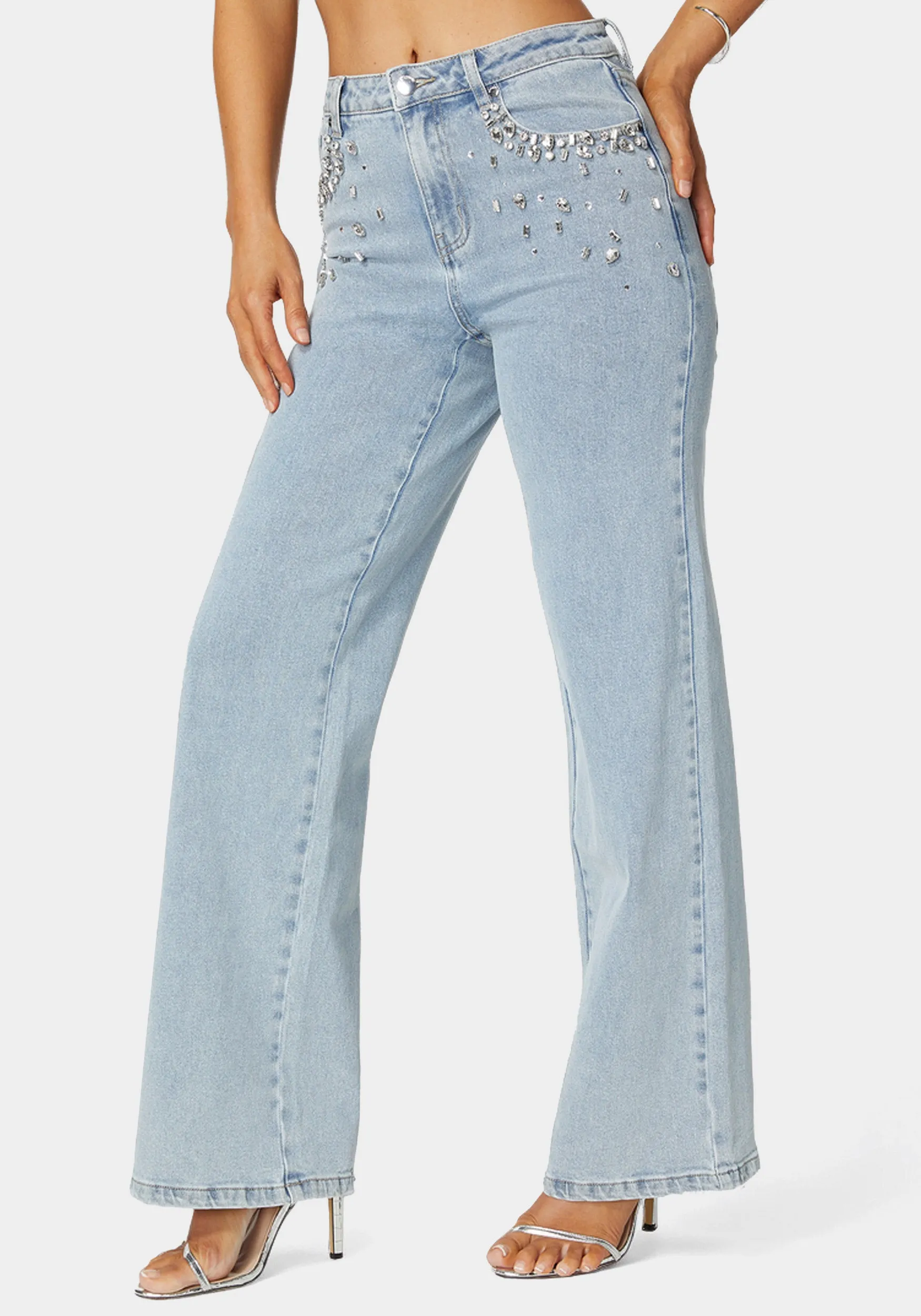 High Waist Embellished Wide Leg Jeans sold by Bebe