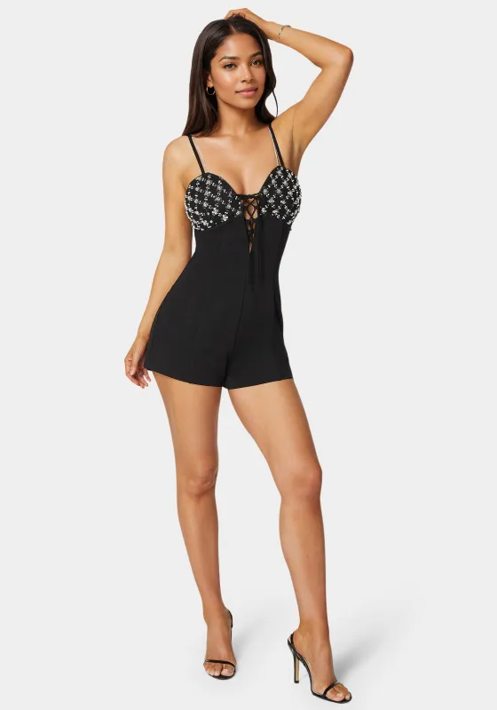 Embellished Detail Knit Romper sold by Bebe