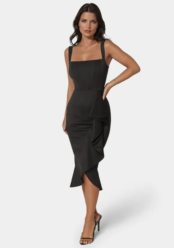 Scuba Bustier Ruffle Wrap Dress sold by Bebe