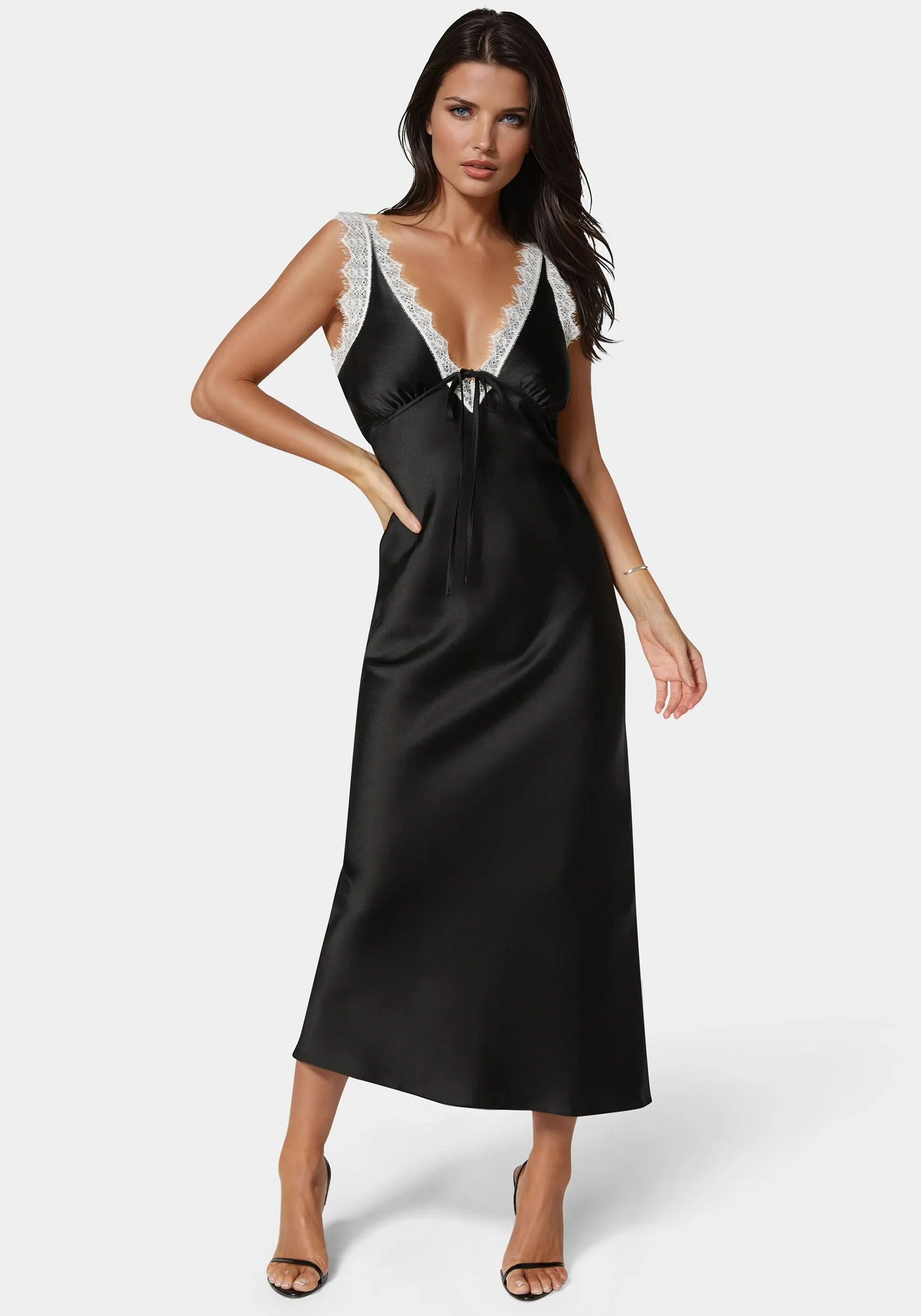 Lace Detail Satin Slip Dress sold by Bebe