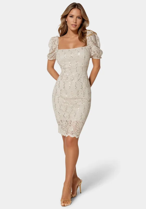 Lace Slim Dress With Puff Sleeves sold by Bebe