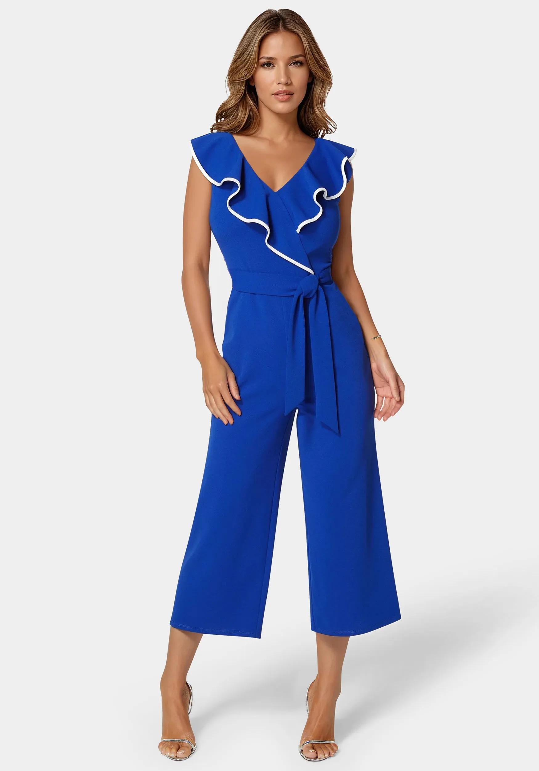 Scuba Crepe Ruffle V-Neck Jumpsuit sold by Bebe