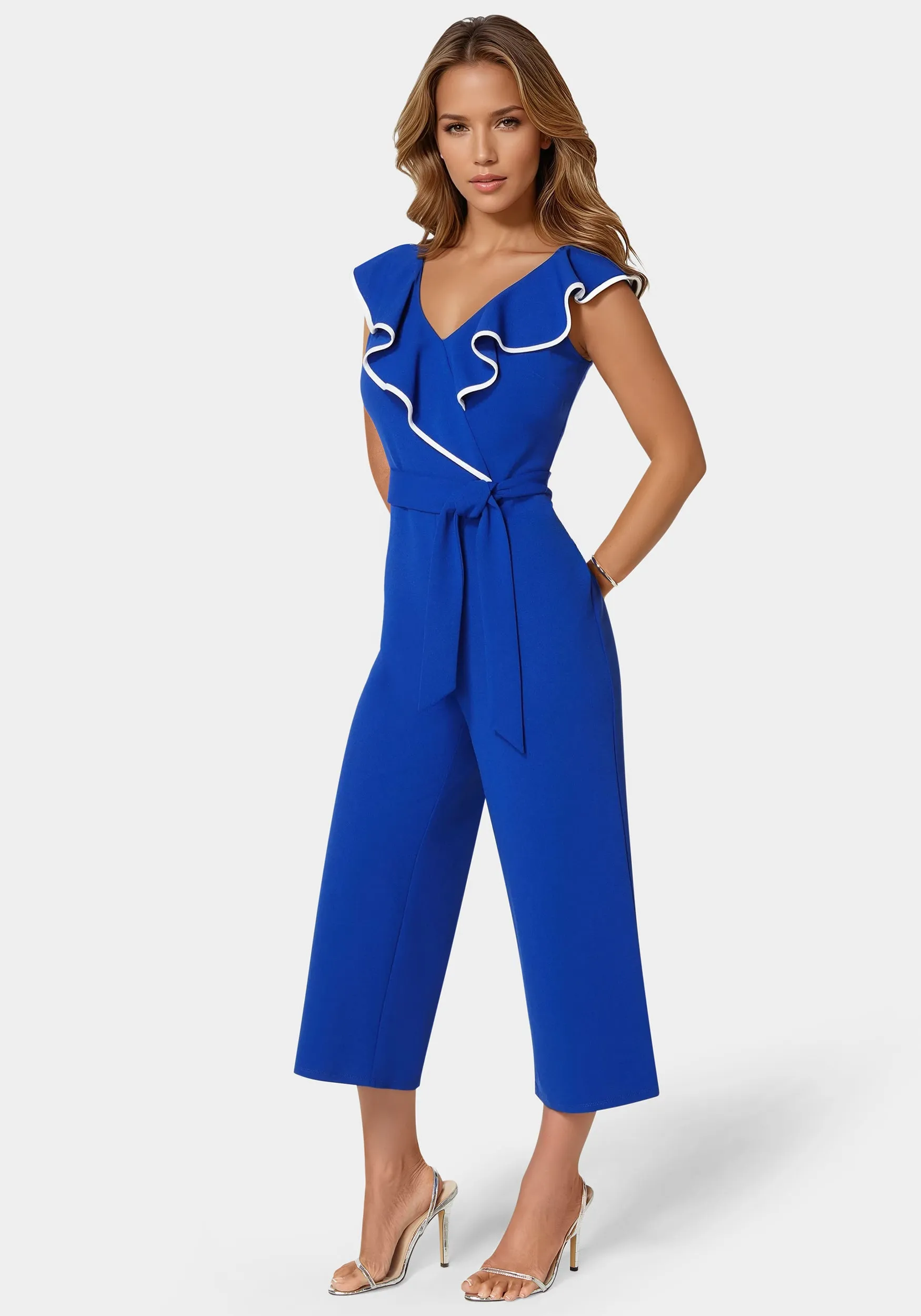 Scuba Crepe Ruffle V-Neck Jumpsuit sold by Bebe product image thumbnail 2