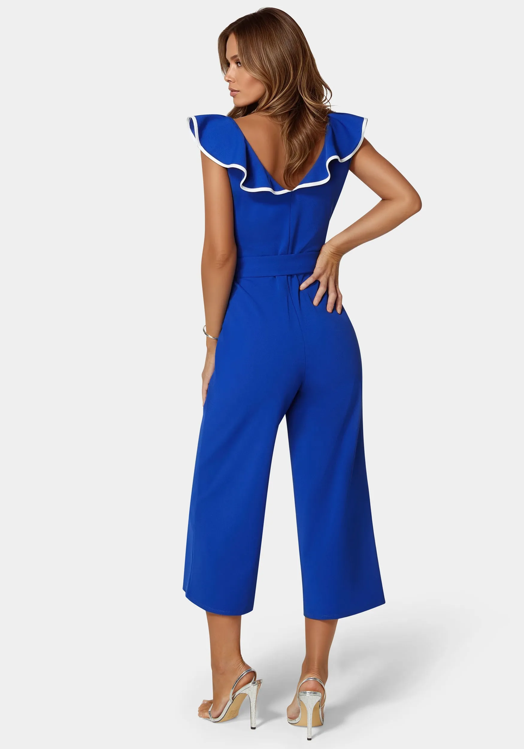 Scuba Crepe Ruffle V-Neck Jumpsuit sold by Bebe product image thumbnail 4