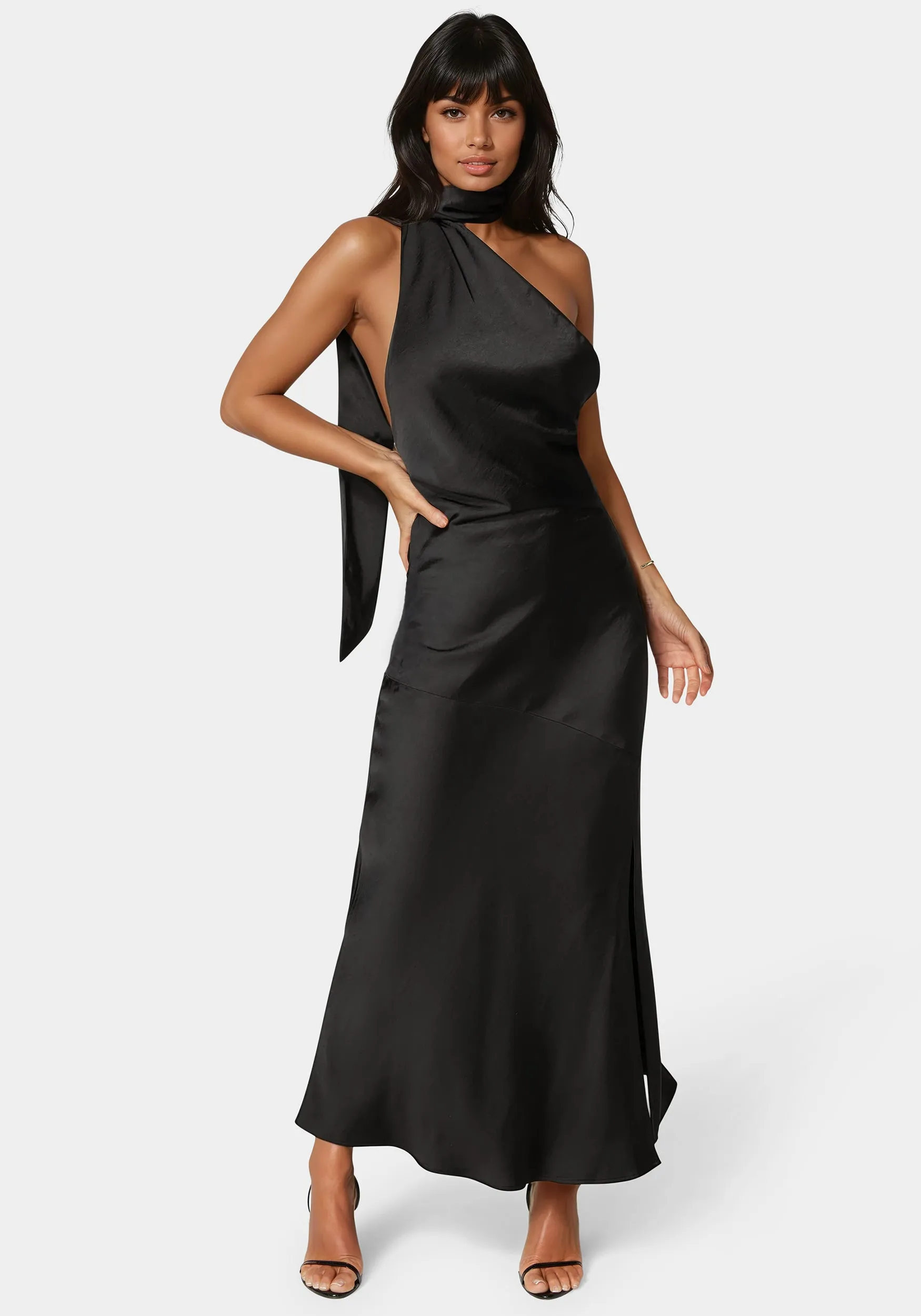 Sash Neck One Shoulder Satin Midi Dress sold by Bebe