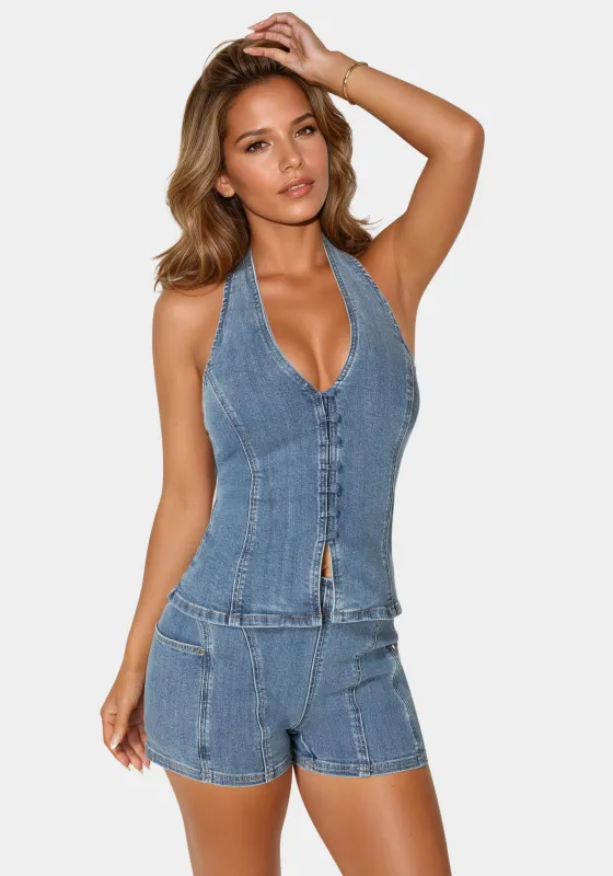 Button Down Halter Denim Top sold by Bebe
