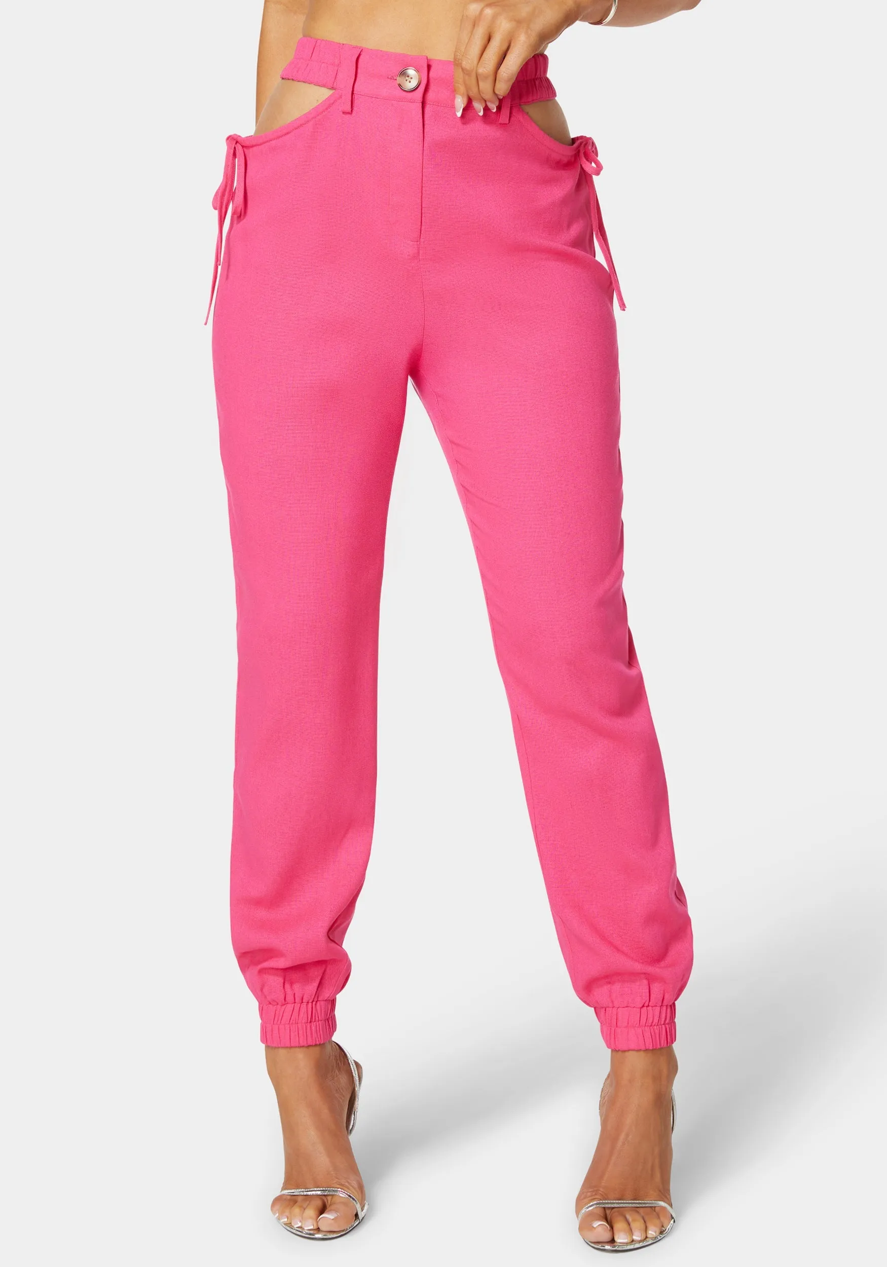High Waisted Cutout Linen Jogger sold by Bebe