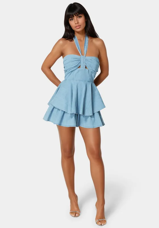 Cut Out Flared Denim Romper sold by Bebe