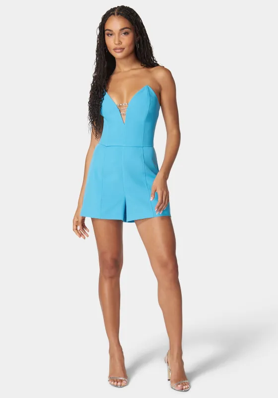 Strapless Deep V Neck Trim Romper sold by Bebe