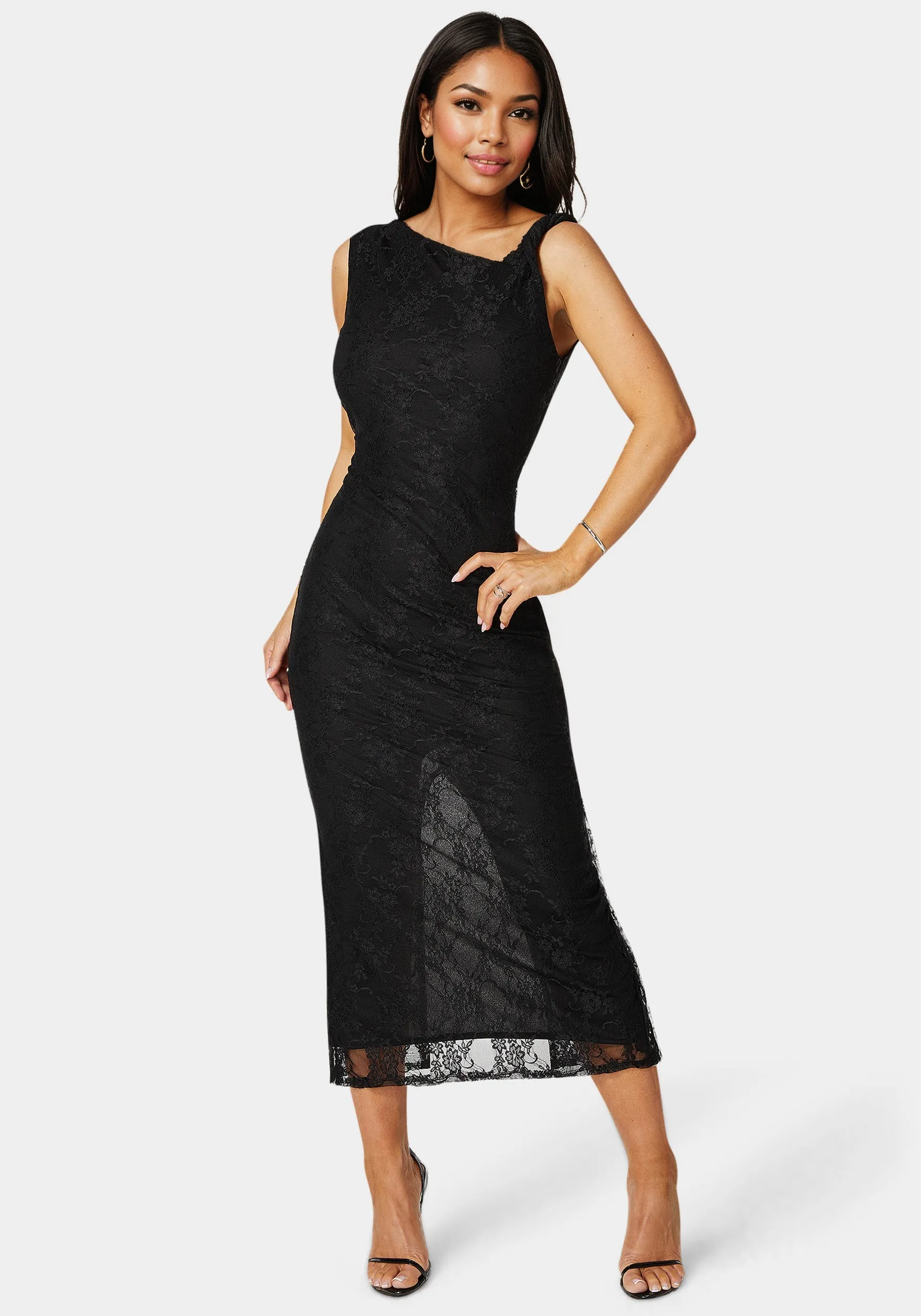 Twist Sleeve Lace Midi Dress sold by Bebe