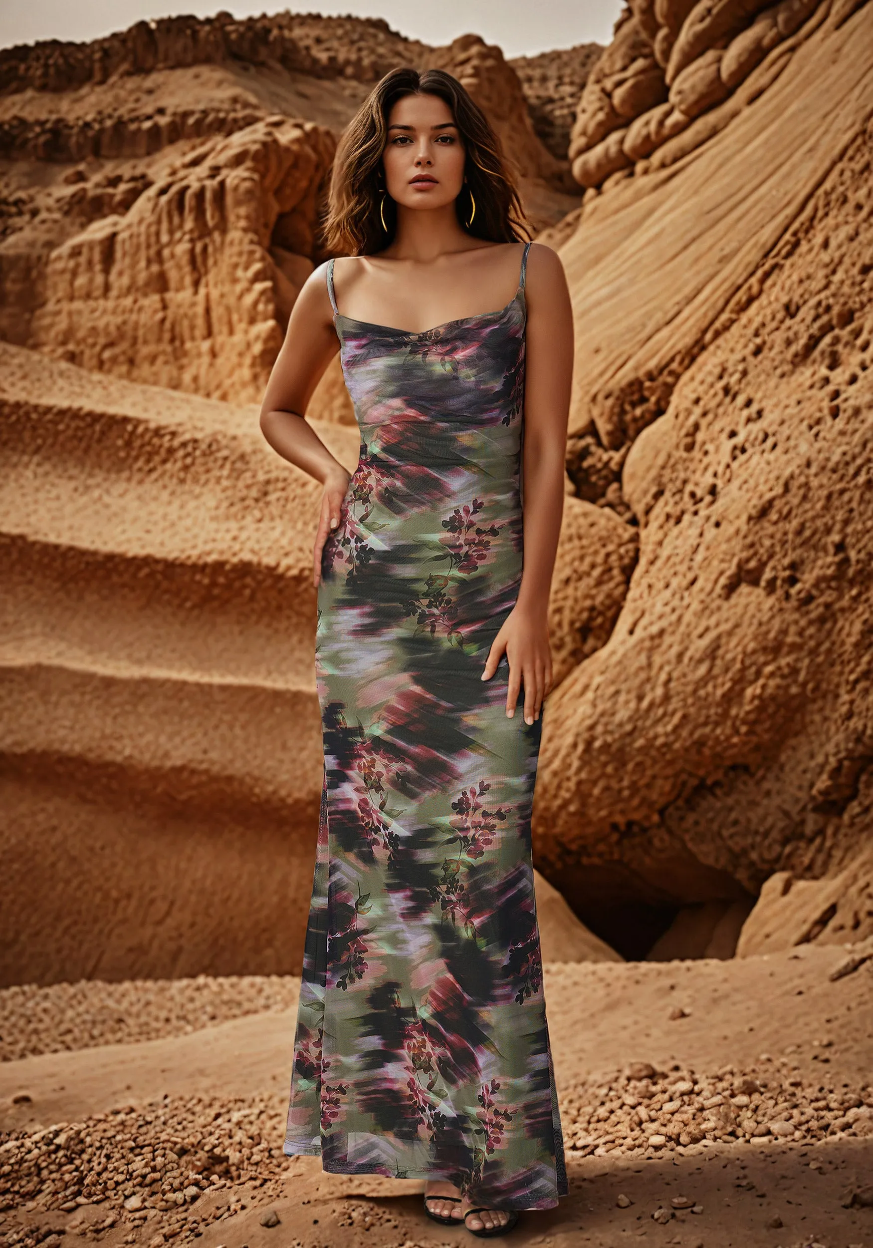 Printed Mesh Cowl Gown sold by Bebe