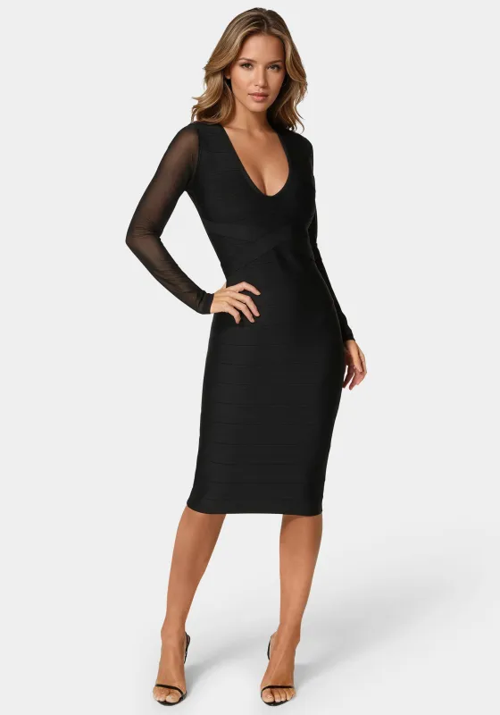 V-Neck Bandage Dress With Illusion Sleeve sold by Bebe