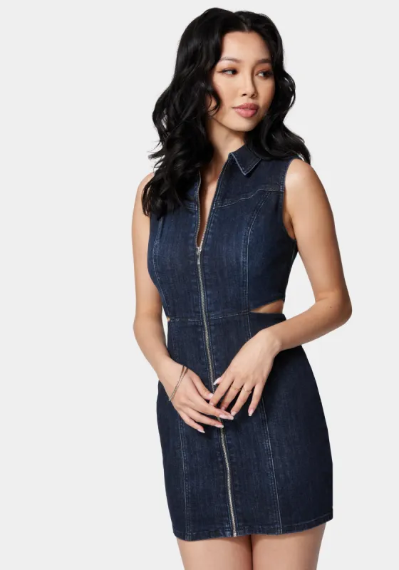 Front Zip Side Cut Out Denim Dress sold by Bebe