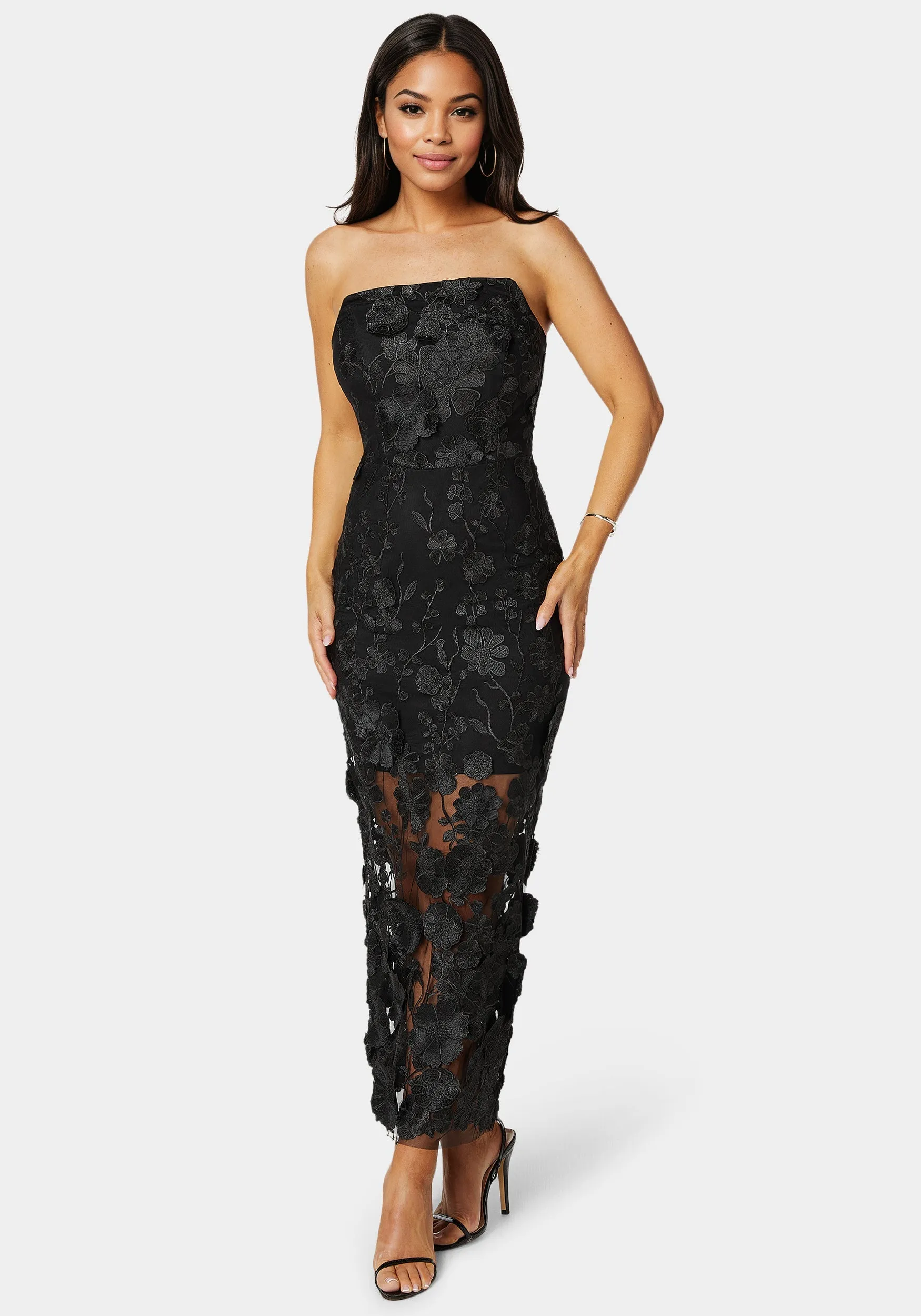 3D Floral Strapless Gown sold by Bebe