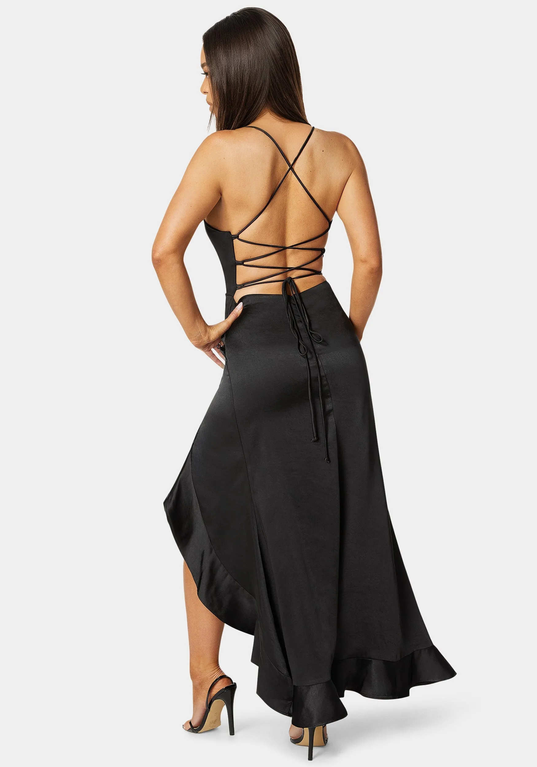Satin Ruffle Maxi Lace Up Back sold by Bebe product image thumbnail 4