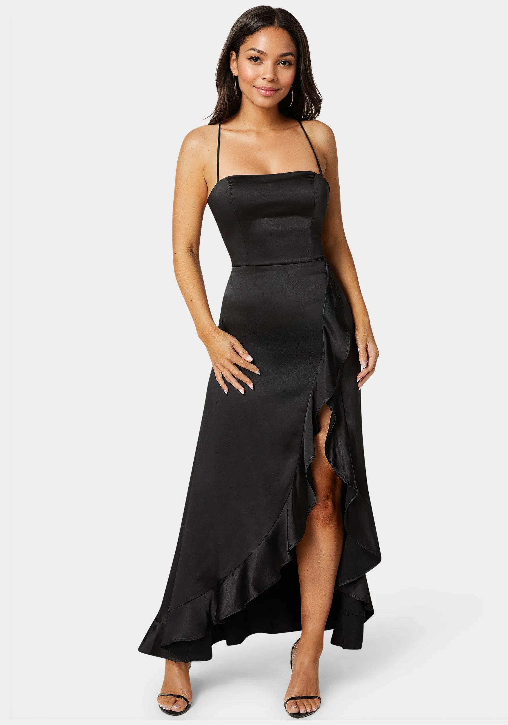 Satin Ruffle Maxi Lace Up Back sold by Bebe