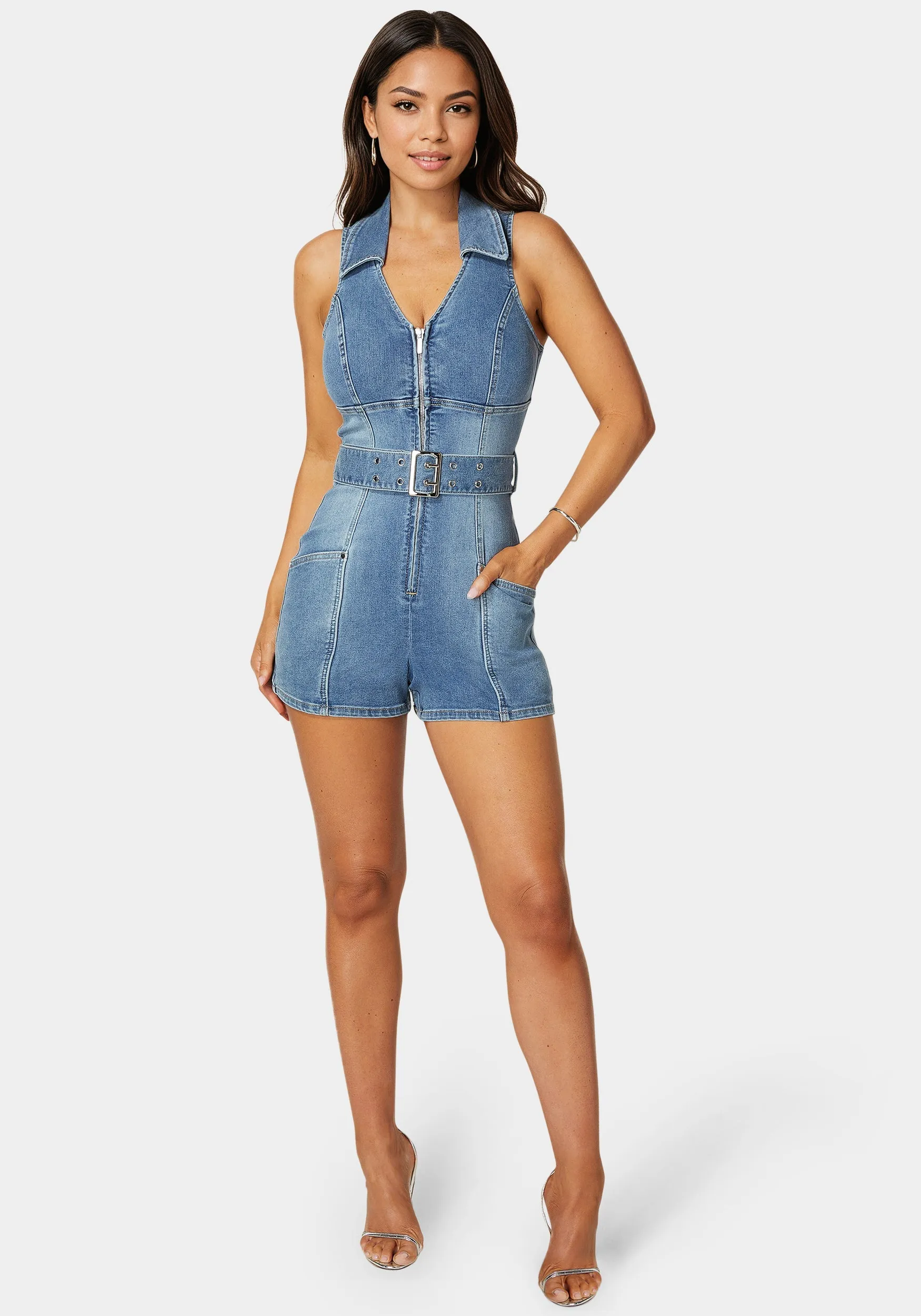 Light Weight Front Zipper Denim Romper sold by Bebe