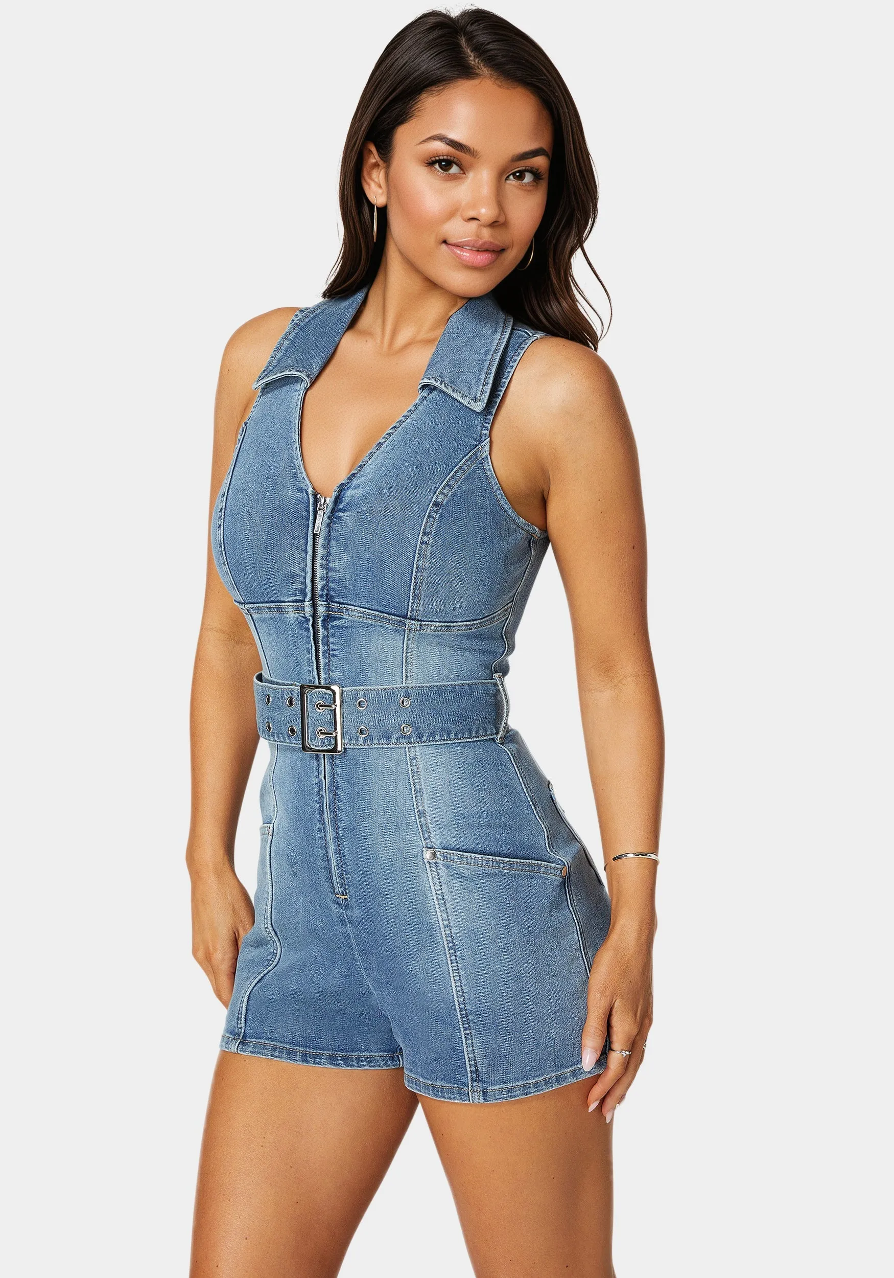 Light Weight Front Zipper Denim Romper sold by Bebe product image thumbnail 2
