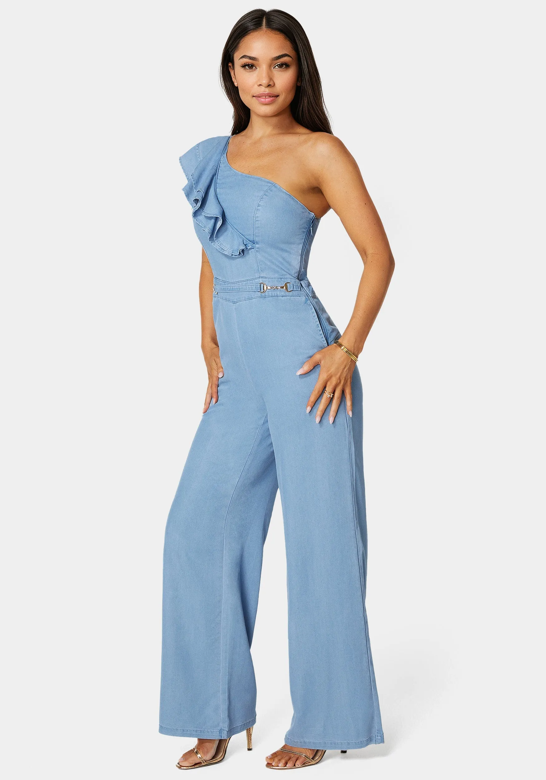 Palazzo Leg One-Shoulder Ruffle Jumpsuit sold by Bebe product image thumbnail 2