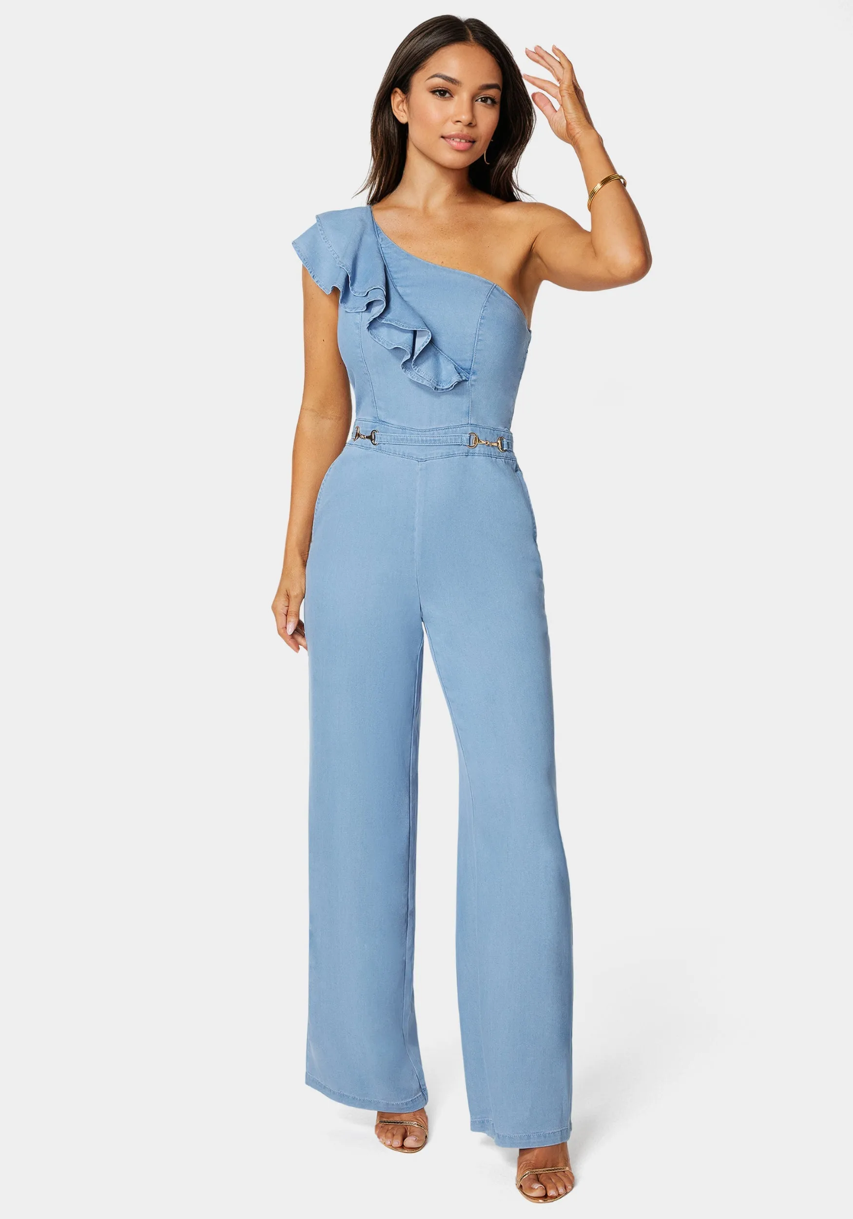 Palazzo Leg One-Shoulder Ruffle Jumpsuit sold by Bebe