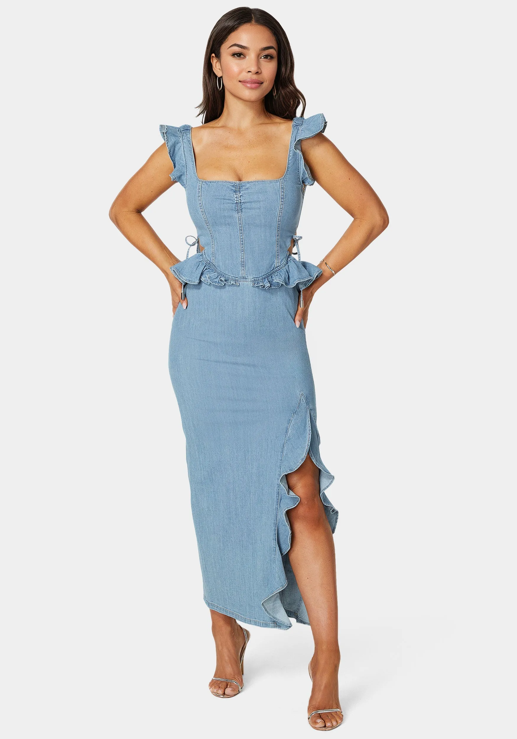 Light Weight Ruffle Detail Denim Dress sold by Bebe