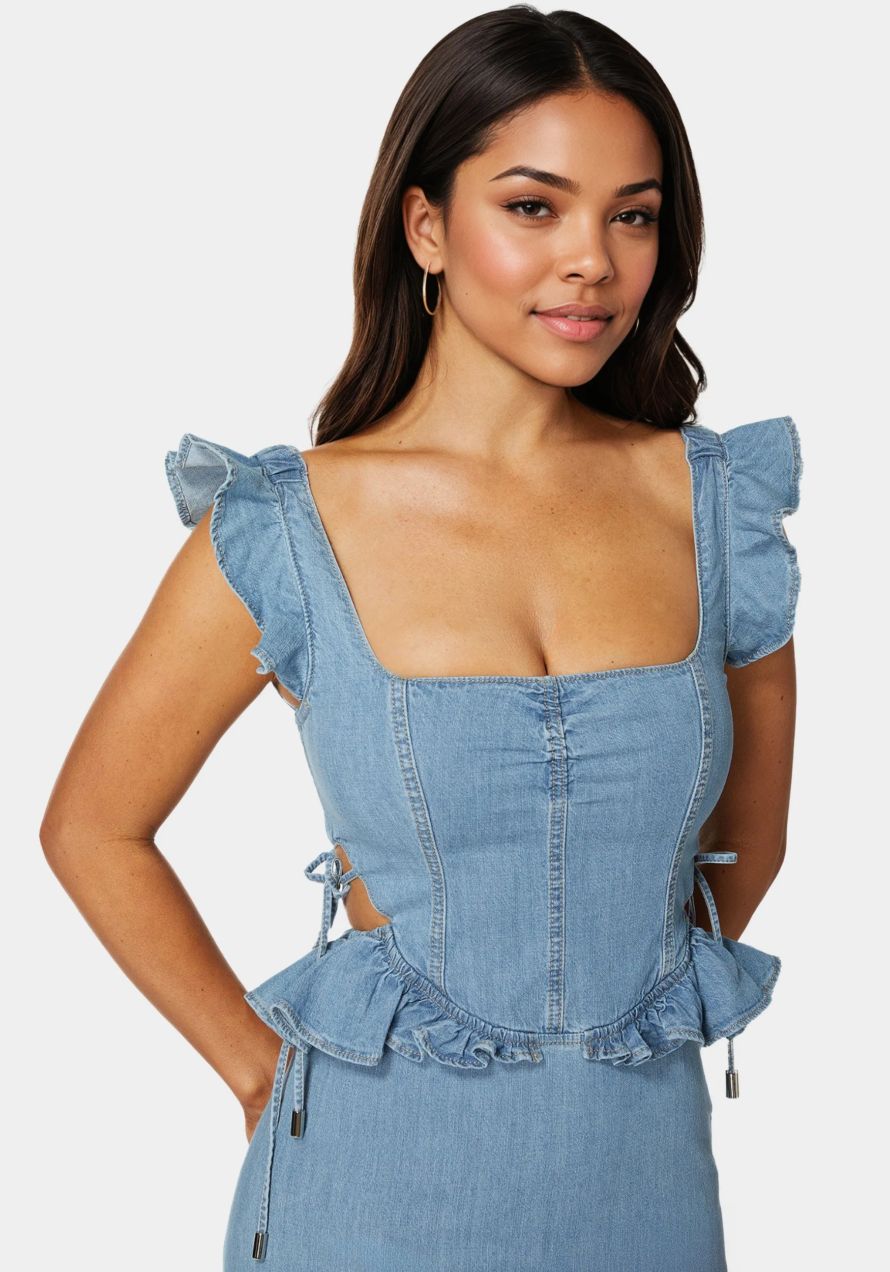 Light Weight Ruffle Detail Denim Dress sold by Bebe product image thumbnail 3