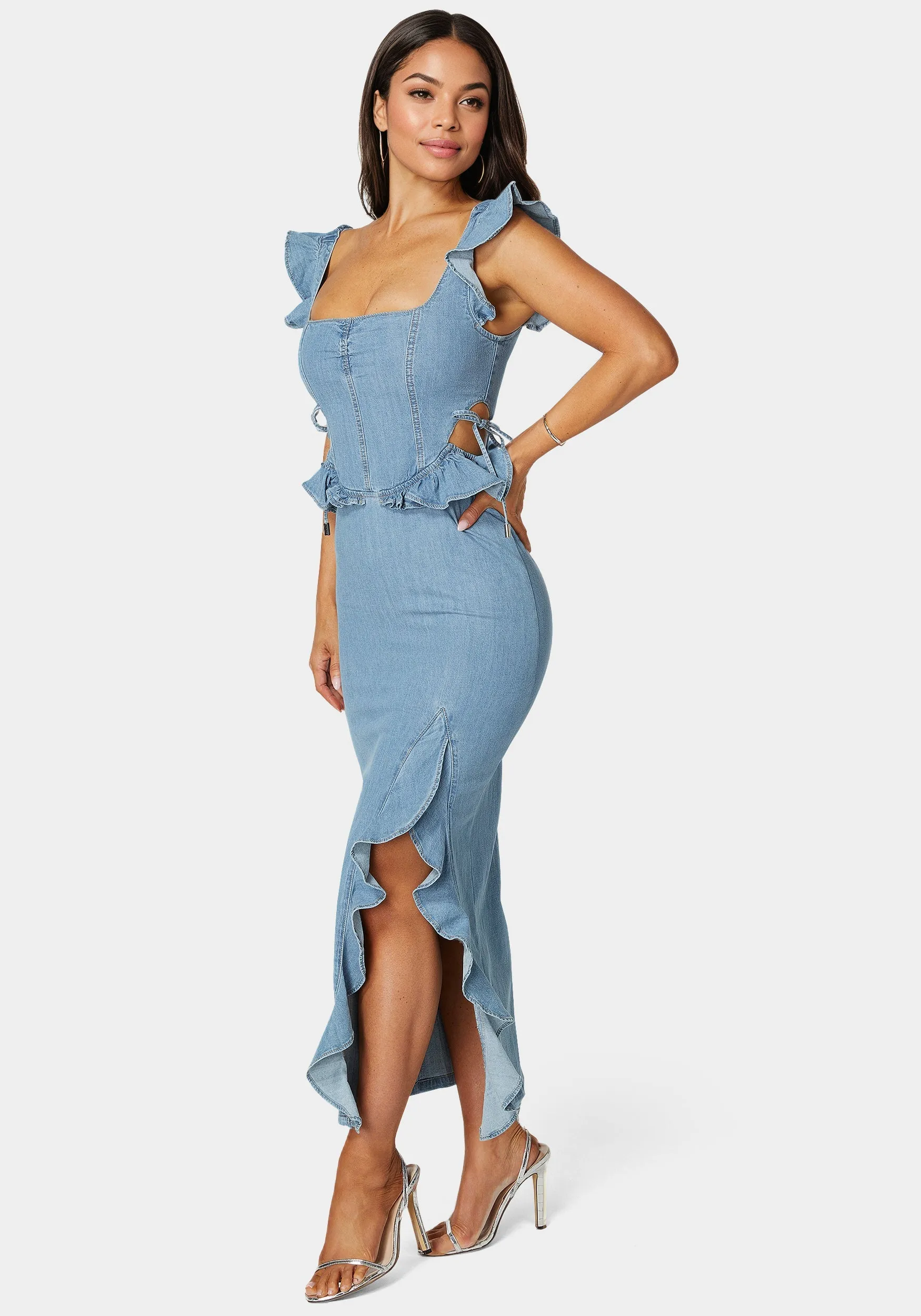 Light Weight Ruffle Detail Denim Dress sold by Bebe product image thumbnail 2