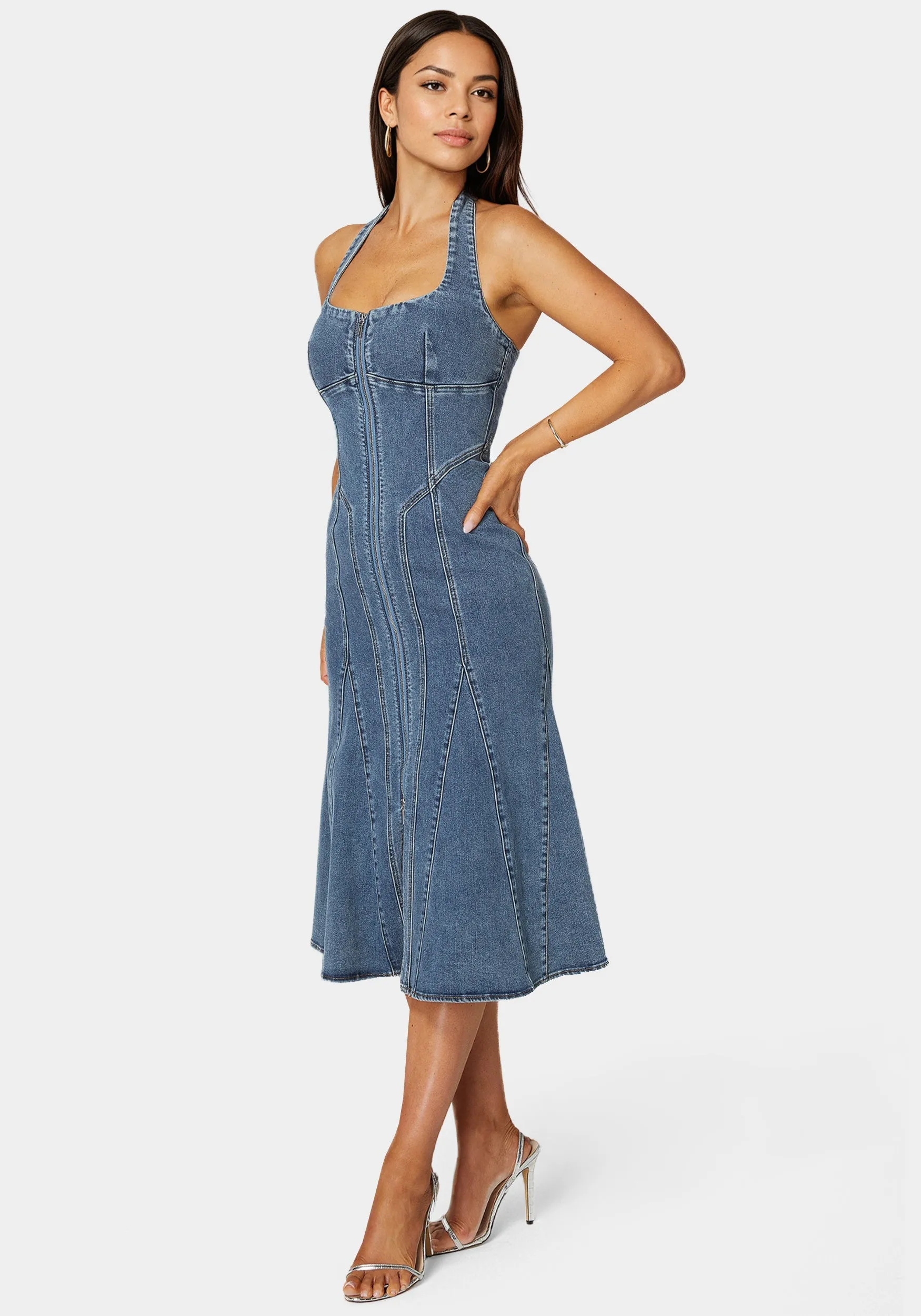 Halter Front Zipper Midi Denim Dress sold by Bebe product image thumbnail 2