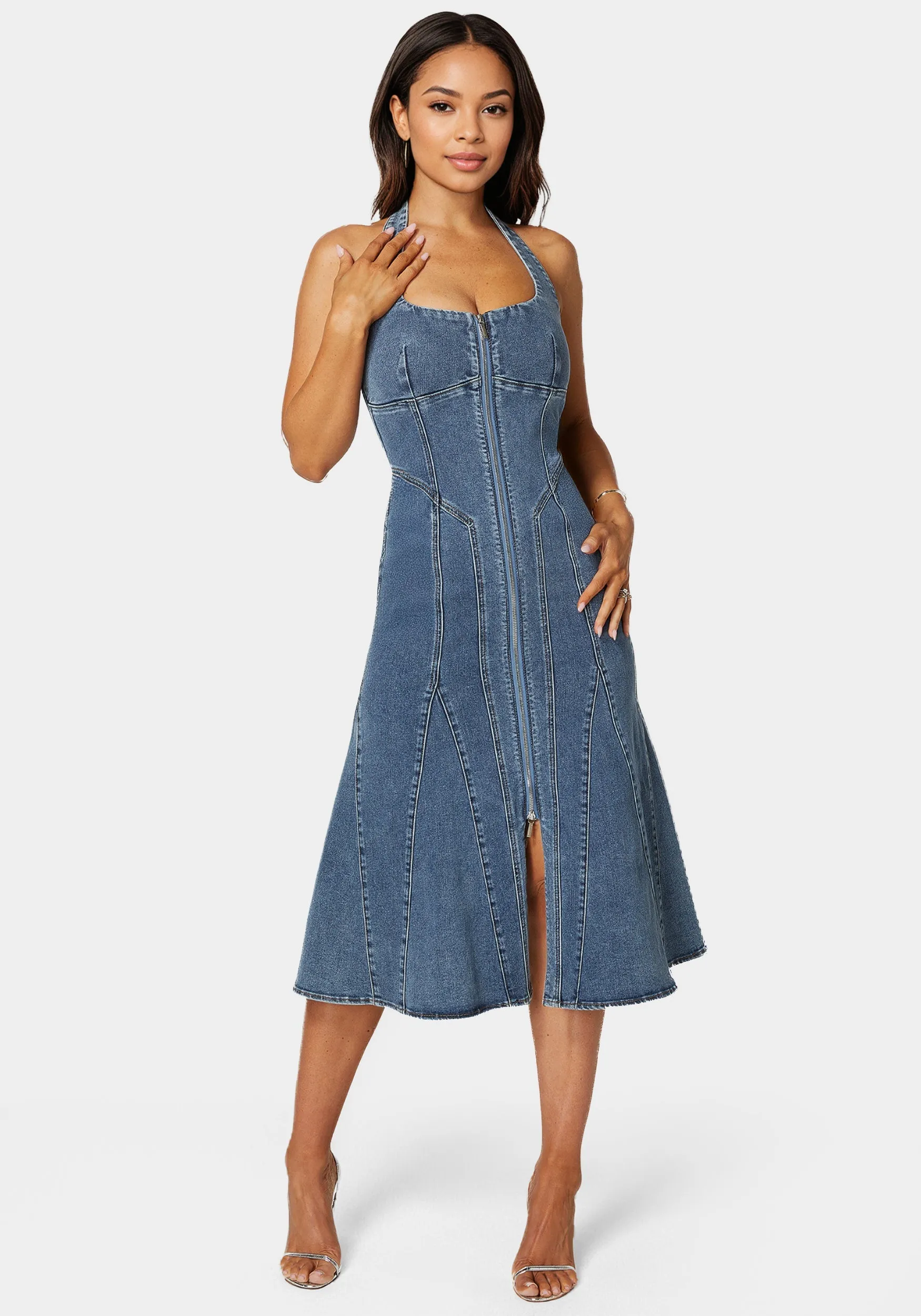 Halter Front Zipper Midi Denim Dress sold by Bebe