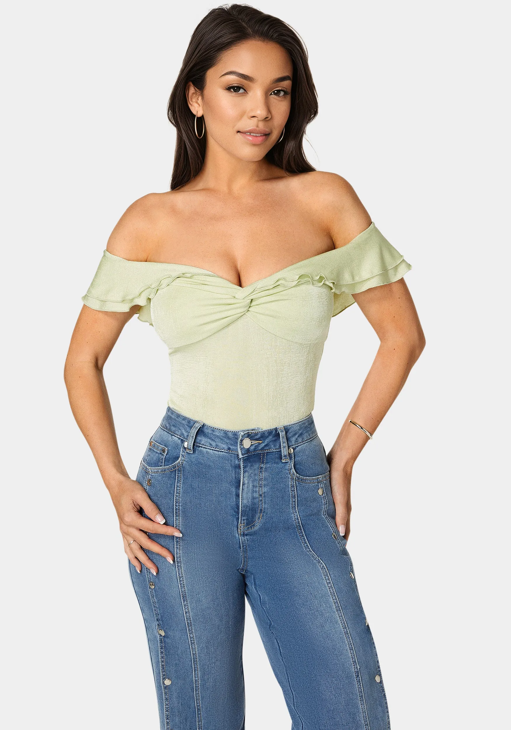 Off Shoulder Twisted Front Top sold by Bebe