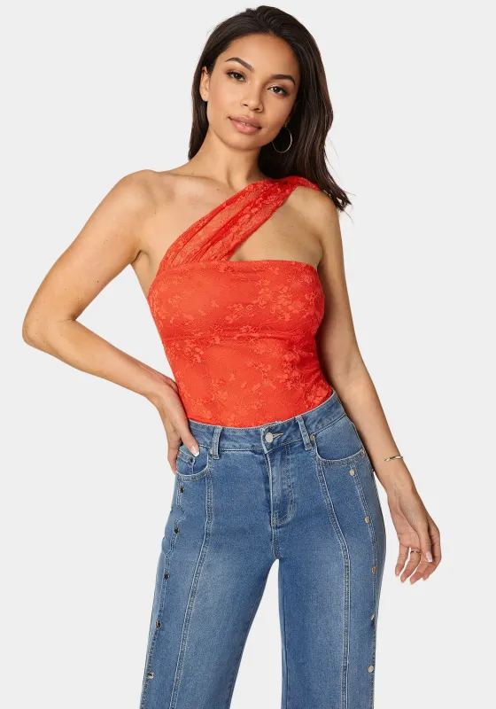 One Shoulder Ruffle Lace Bodysuit sold by Bebe