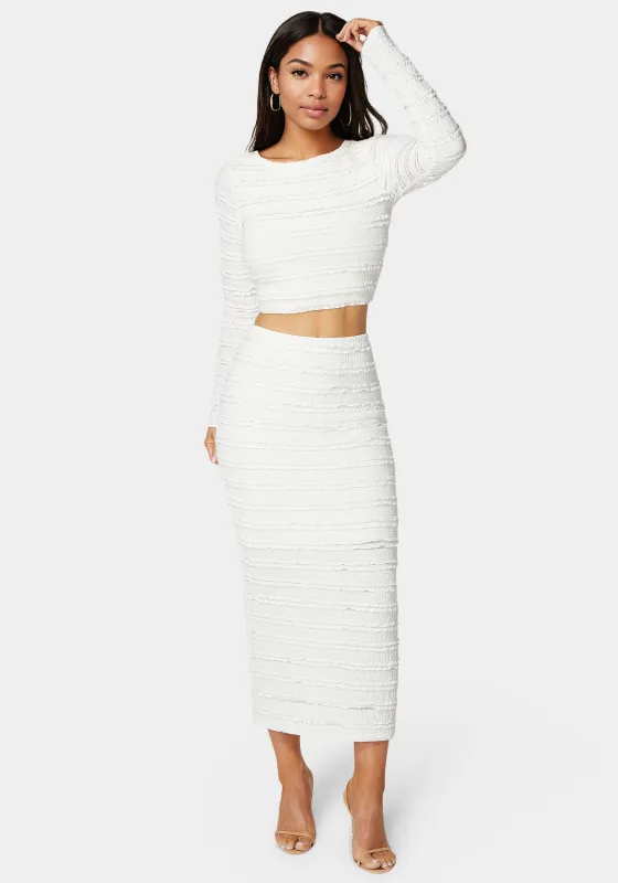 Long Sleeve Ruffle Lace Midi Skirt Set sold by Bebe