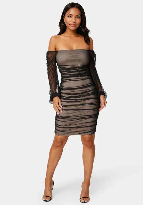 Blouson Sleeve Ruched Mini Dress sold by Bebe
