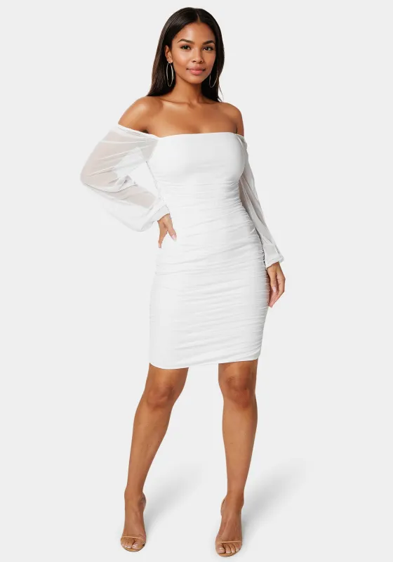 Blouson Sleeve Ruched Mini Dress sold by Bebe