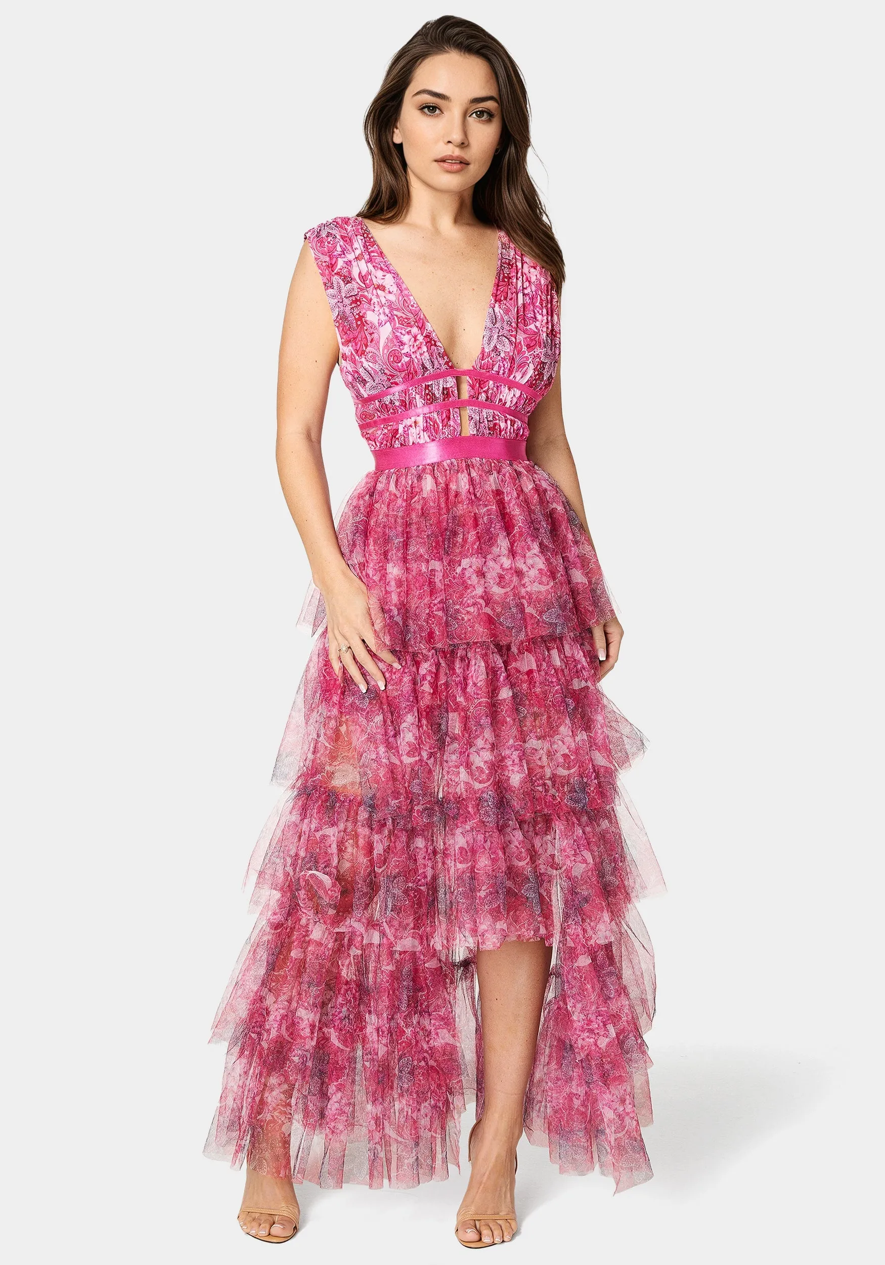 Tiered High Low Mesh Dress sold by Bebe