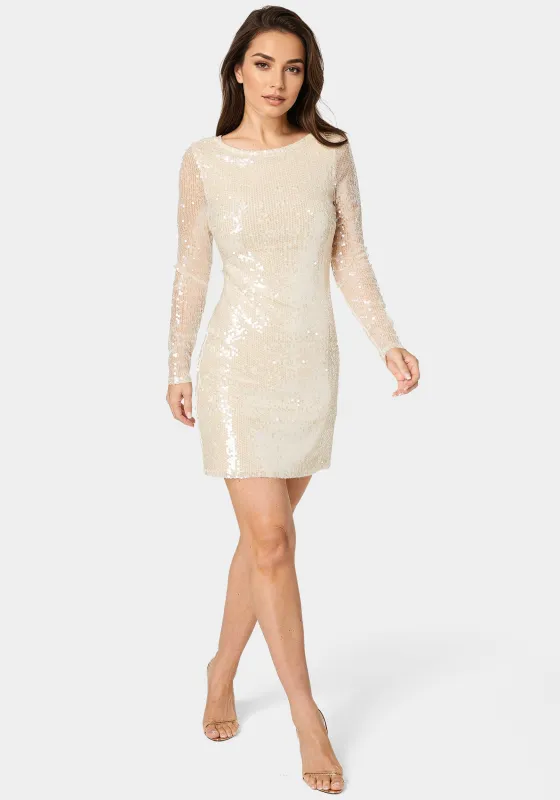 Cowl Back Sequin Mini Dress sold by Bebe