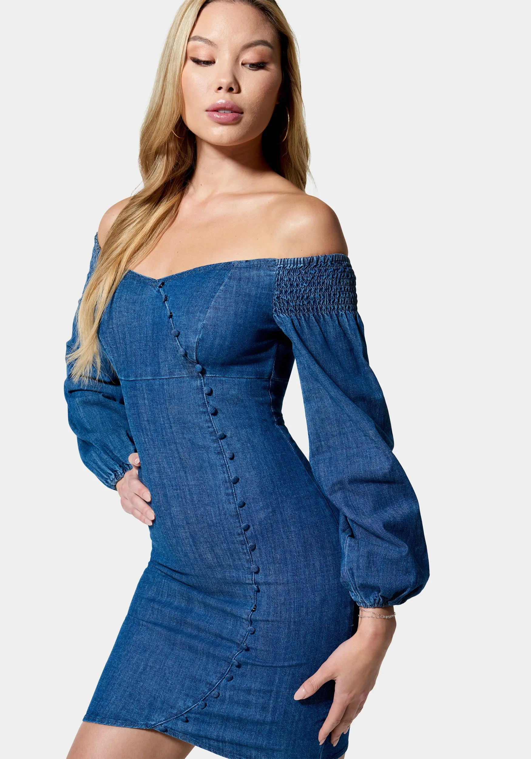 Denim Cold Shoulder Button Detail Dress sold by Bebe product image thumbnail 2