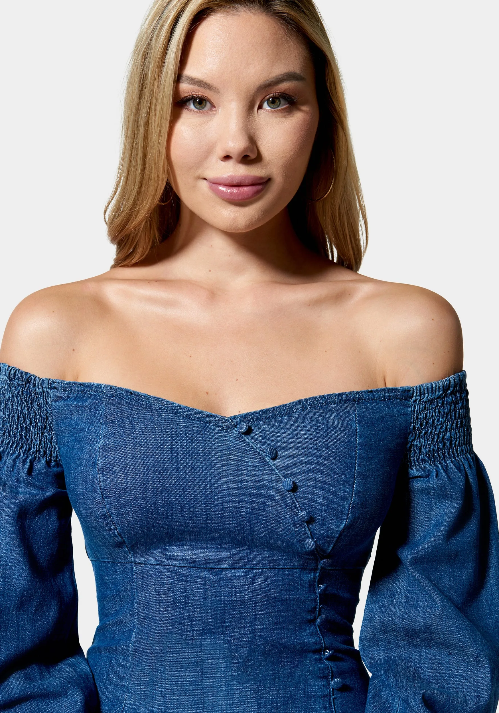 Denim Cold Shoulder Button Detail Dress sold by Bebe product image thumbnail 4