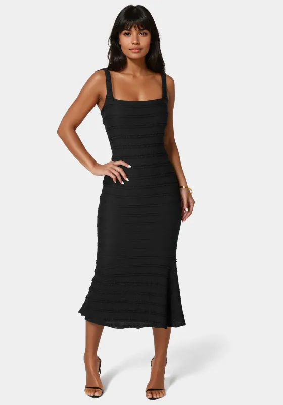 Square Neck Fluted Hem Midi Dress sold by Bebe