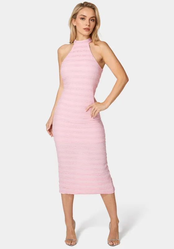 Ruffle Lace Halter Midi Dress sold by Bebe
