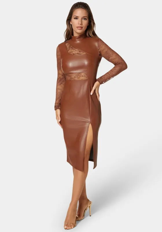 Faux Leather Lace Illusion Midi Dress sold by Bebe