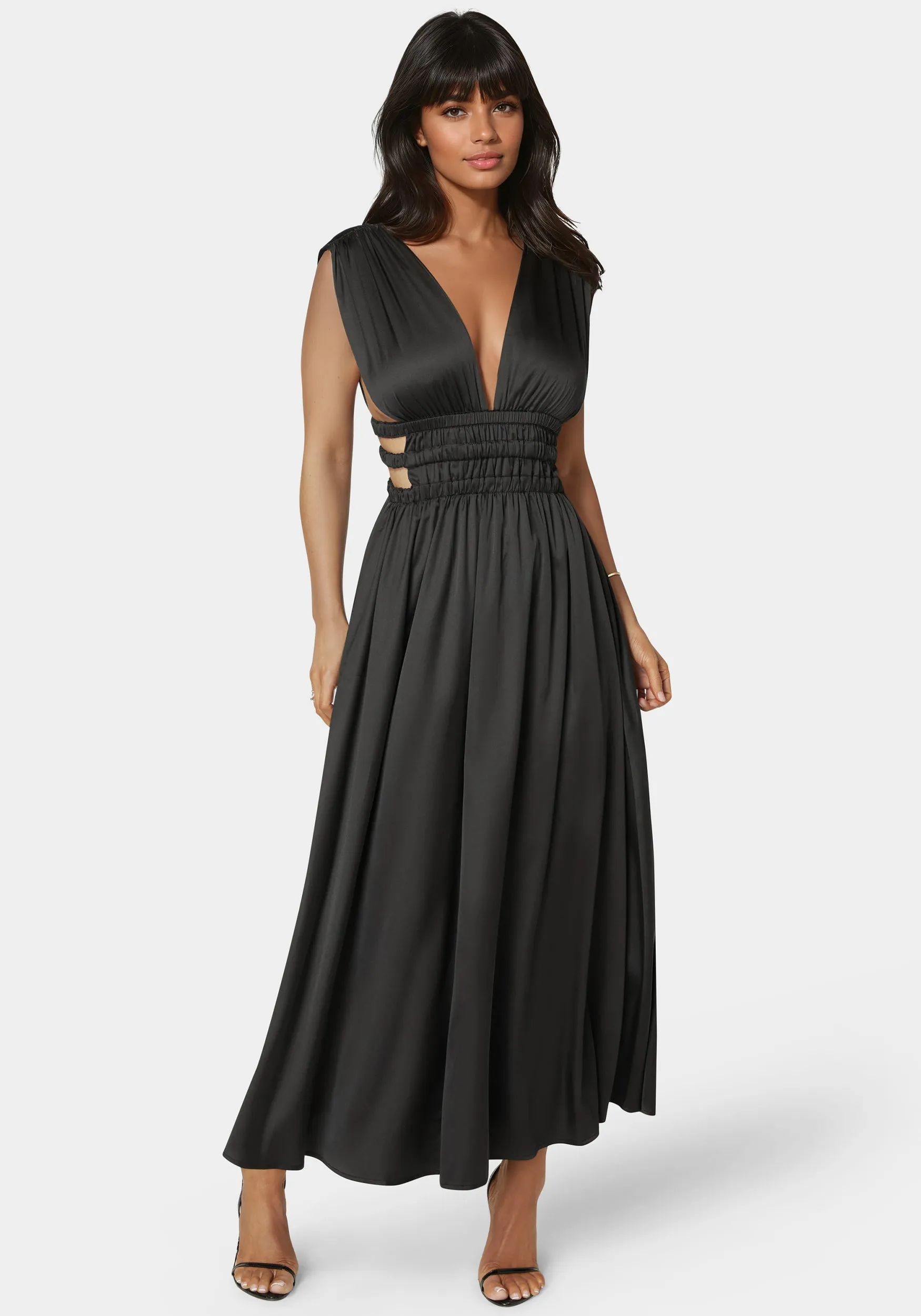 Satin V-Neck Cutout Maxi Dress sold by Bebe