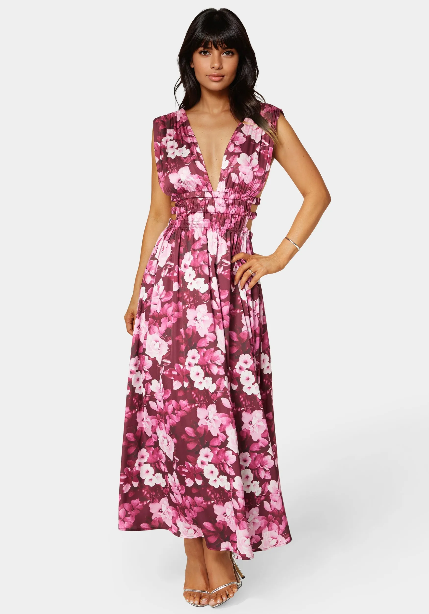 Satin V-Neck Cutout Maxi Dress sold by Bebe
