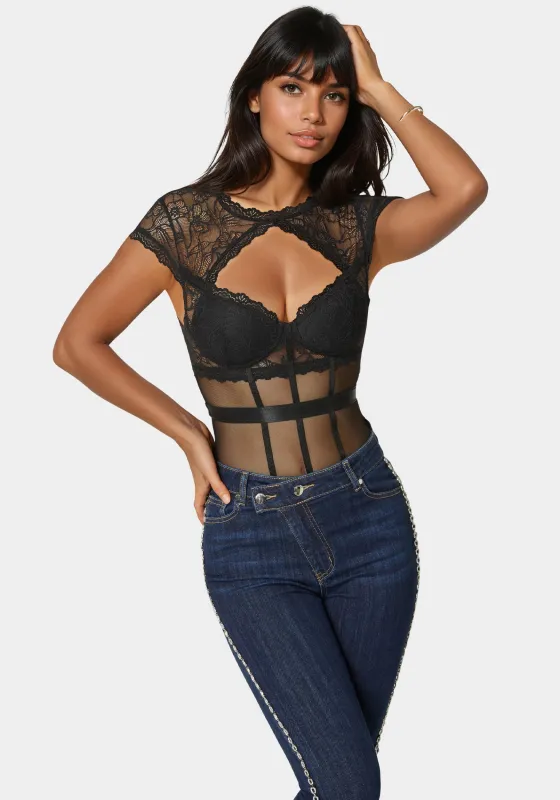 Lace & Mesh Bodysuit sold by Bebe